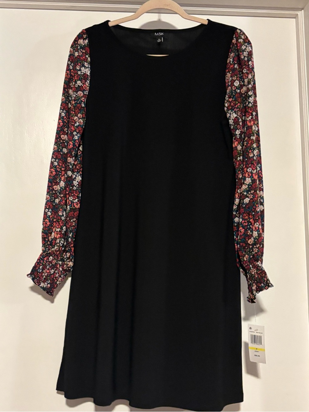 MSK Black Shift Dress with Floral Print Long Sleeves